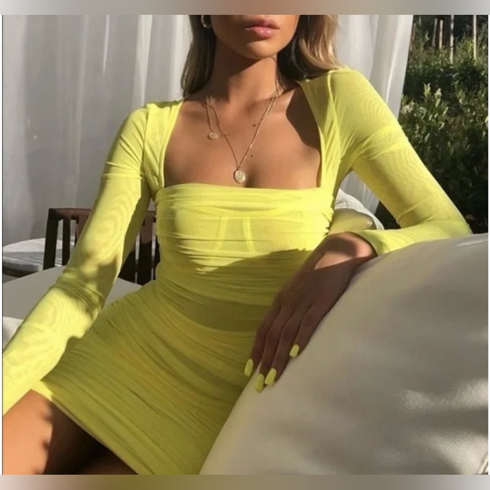 HOUSE OF CB VALENTINA CHARTREUSE RUCHED MESH ORGANZA MINI DRESS